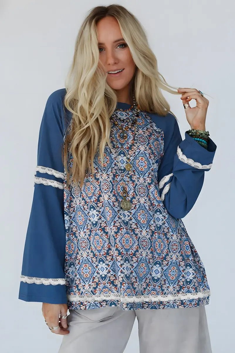 Blue Geometric Printed Lace Patchwork Ric Rac Raglan Top - Love Salve